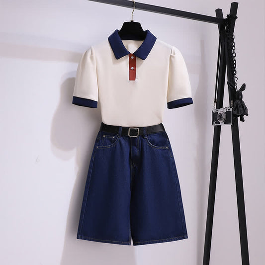 Colorblock Lapel T-Shirt Belted Denim Shorts modakawa