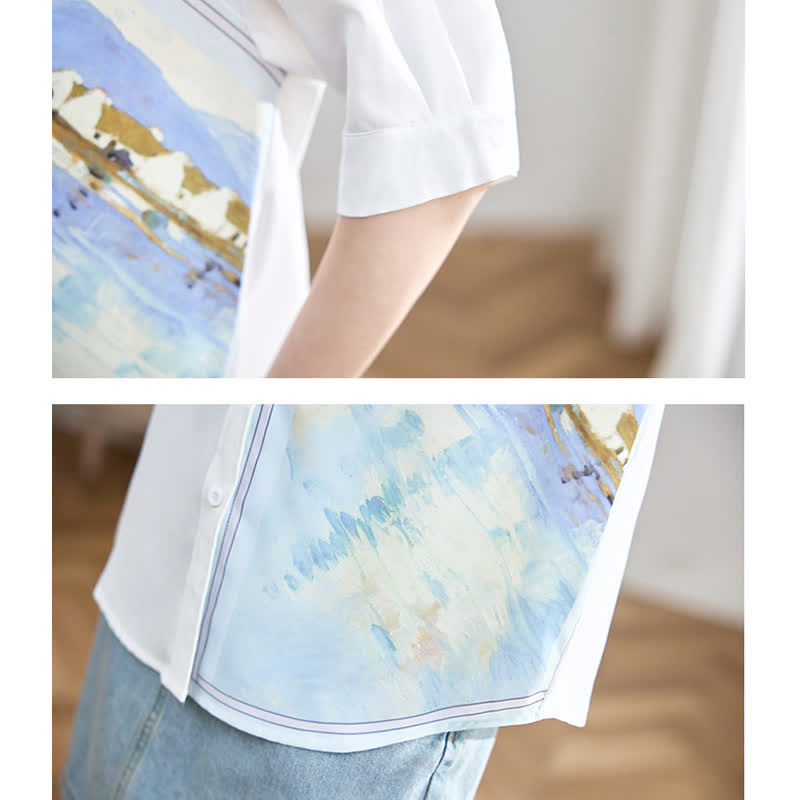 White Irregular Painting Print Chiffon Lapel Shirt modakawa