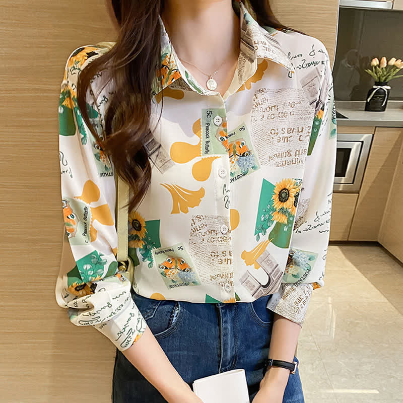 Chic Floral Letter Print Chiffon Shirt Workwear modakawa