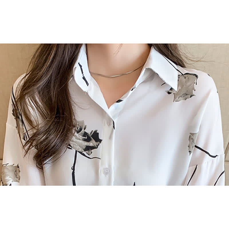 Rose Print Lapel Satin Shirt modakawa