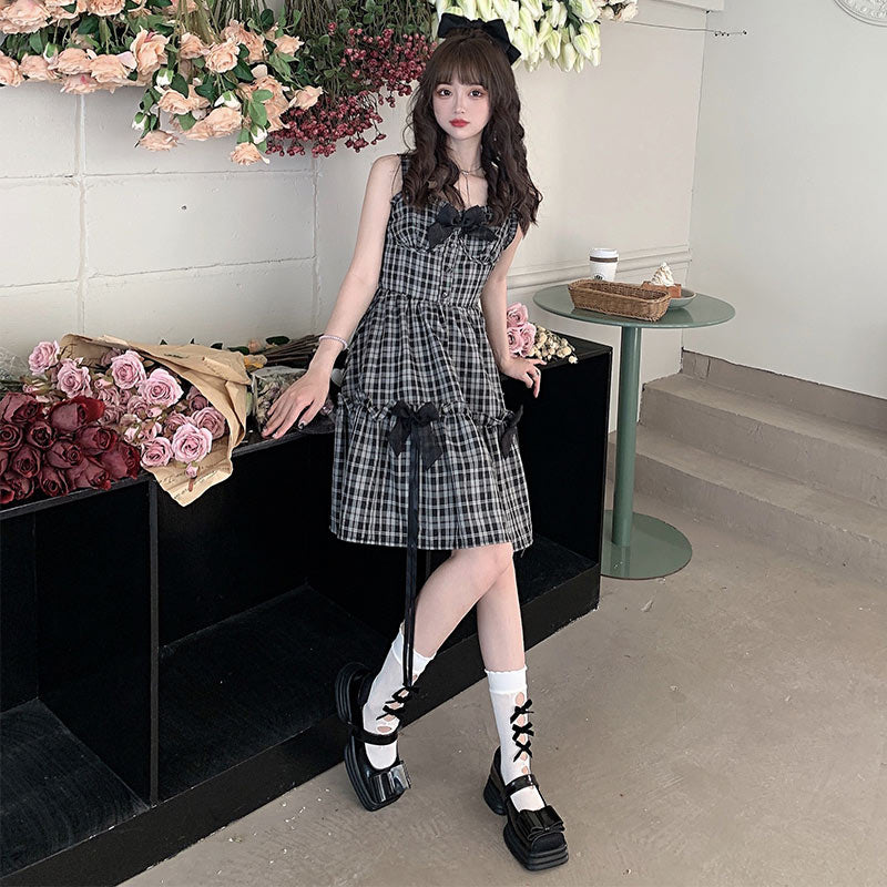 Sweet Lattice Print Bow Knot Slip Dress modakawa