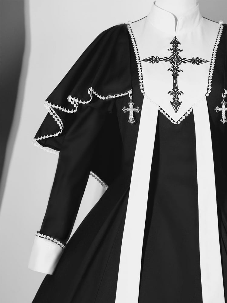 Black White Cross Embroidery Lolita Cape Dress Set mySite