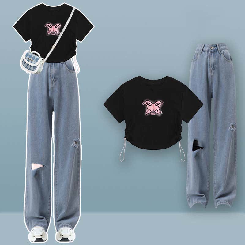 Butterfly Print Draw String T-Shirt Pocketed Cargo Pants modakawa