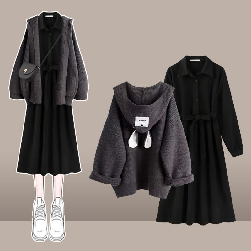 Bear Ears Hooded Cardigan Sweater Belted Lapel Dress modakawa