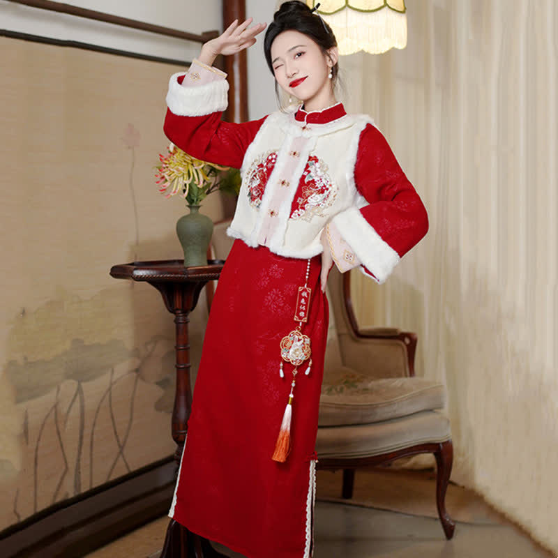 Cute Rabbit Cardigan Vest Split Cheongsam Dress modakawa