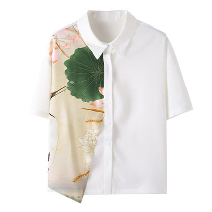 Irregular Lotus Print Short Sleeve Chiffon Lapel Shirt modakawa