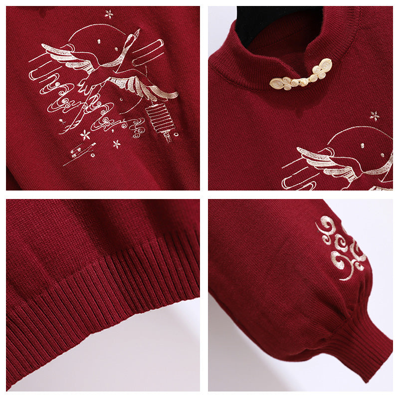 Casual Crane Embroideriy Sweater Hoodie Dragon Pattern Split Pants Modakawa