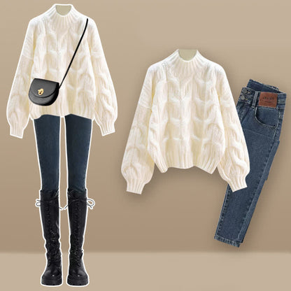 Elegant Pure Color Cable Sweater Plush Pants Set modakawa