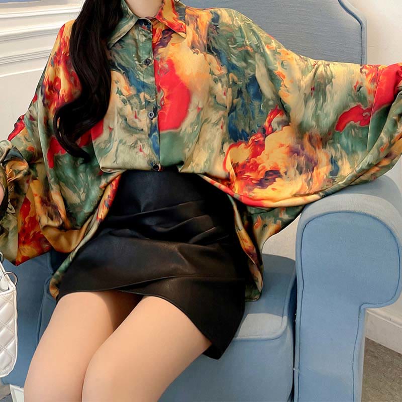 Vintage Floral Batwing Sleeve Lapel Shirt Workwear modakawa