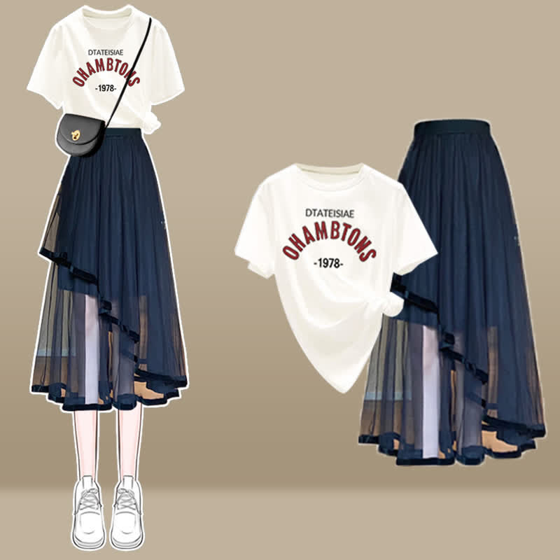 Cartoon Bow Print T-Shirt Irregular Tulle SKirt Set modakawa