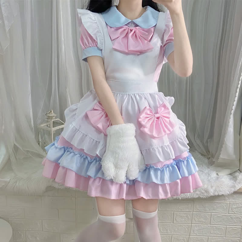 Sweet Pink Bow Knot Ruffled Maid Lolita Dress Modakawa