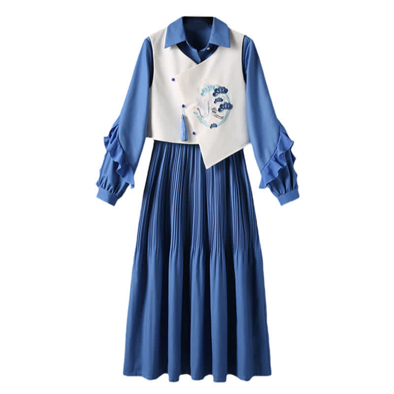 Blue Crane Embroidery Fringed Vest Lapel Dress Set Modakawa