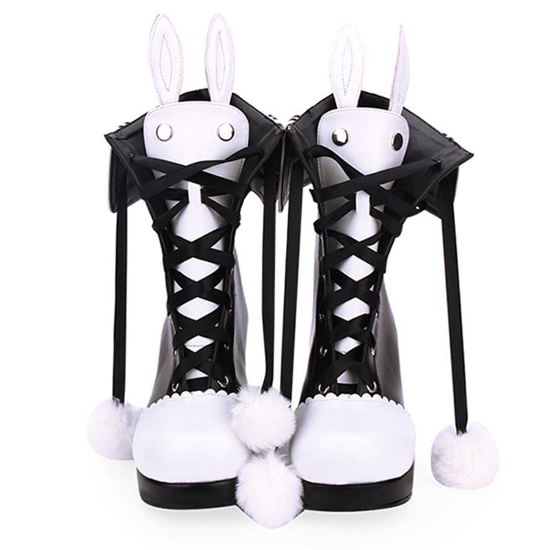 Black Bunny Ears Lace-up Fuzzy Ball Collar High Heel Boots Modakawa