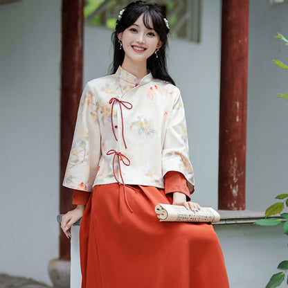 Vintage Bamboo Print Sweatshirt High Waist Pleated Skirt Modakawa