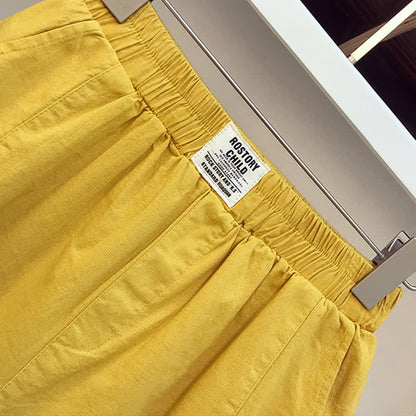 Colorblock Print V-neck T-Shirt Elastic Yellow Shorts Set modakawa