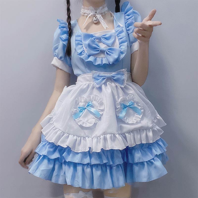 Kawaii Blue Lace Up Bow Maid Lolita Dress Modakawa