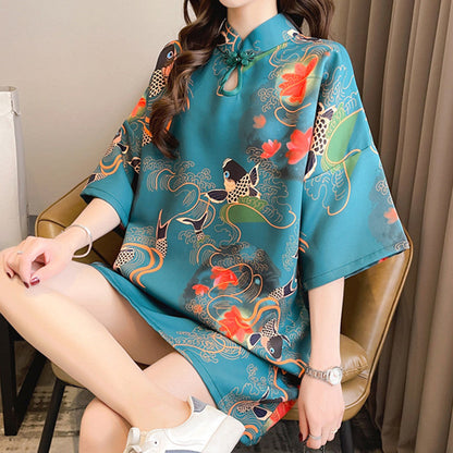 Vintage Floral Embroidery Short Sleeve Cheongsam Dress Modakawa