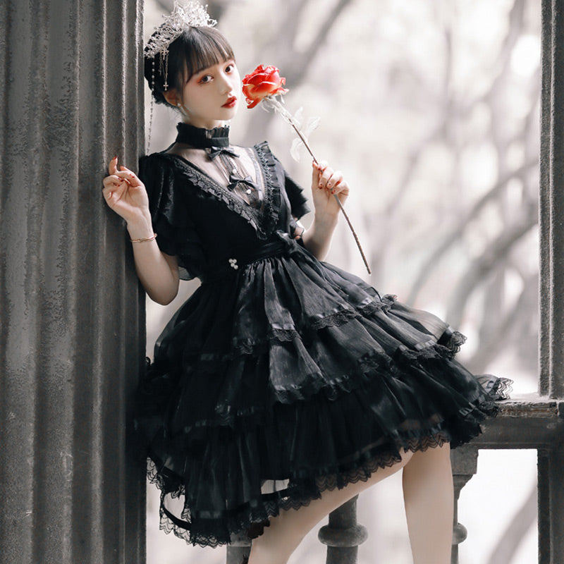 Elegant High Collar Lace Bow Knot Lolita Dress modakawa