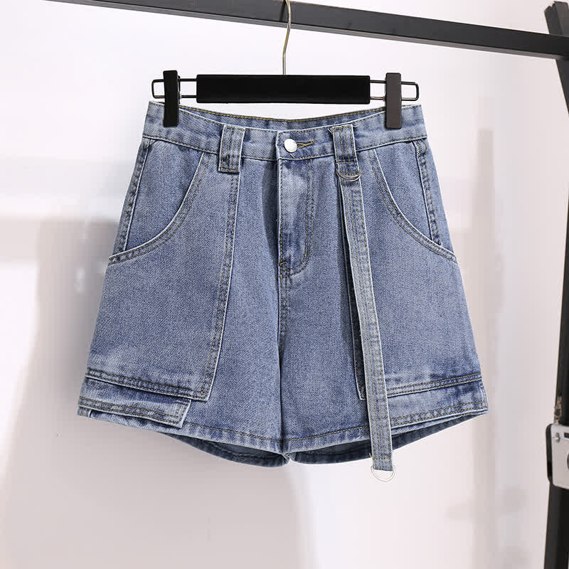 Fake Two Pieces Lapel T-Shirt Pocketed Denim Shorts modakawa