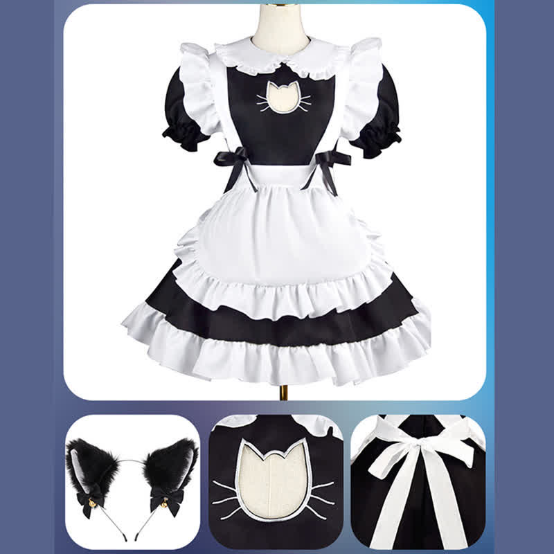 Lolita Doll Collar Kitty Hollow Out Ruffled Maid Dress Modakawa