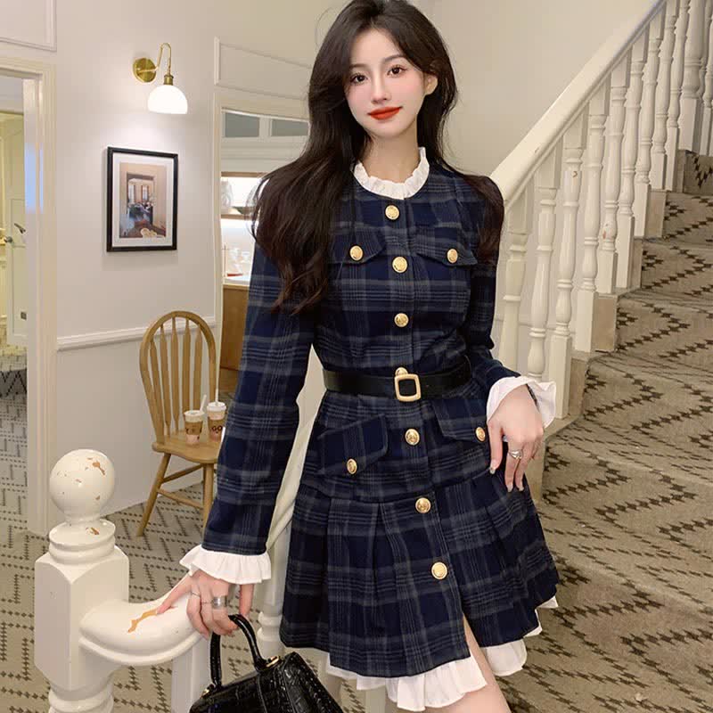 Chic Elegant Print Long Sleeve Pleated Dress modakawa