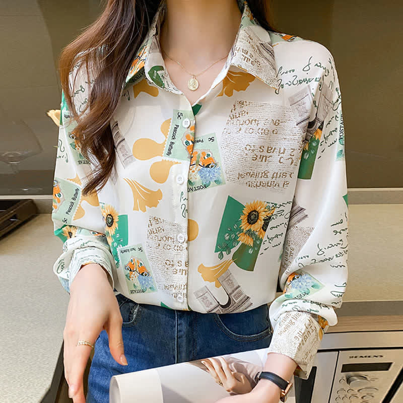 Chic Floral Letter Print Chiffon Shirt Workwear modakawa