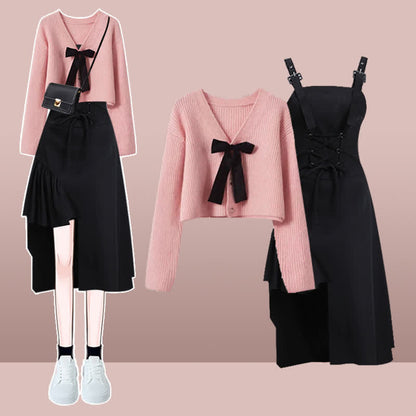 Pink Bow Knot Knit Cardigan Sweater Irregular Suspender Dress modakawa