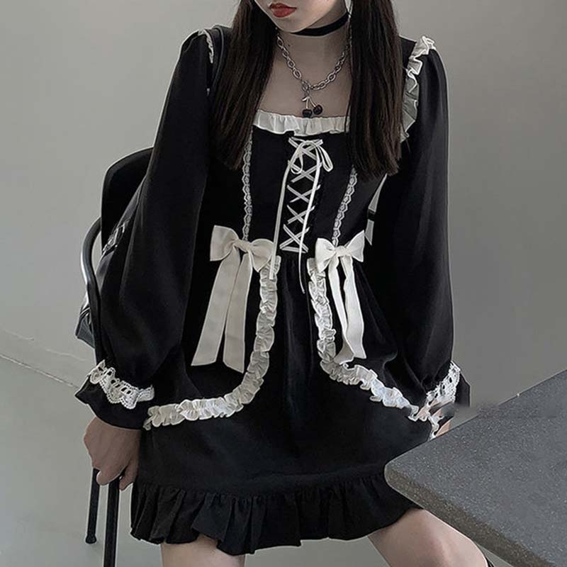 Black Lace Up Lolita Bow-Knot Maid Dress Modakawa