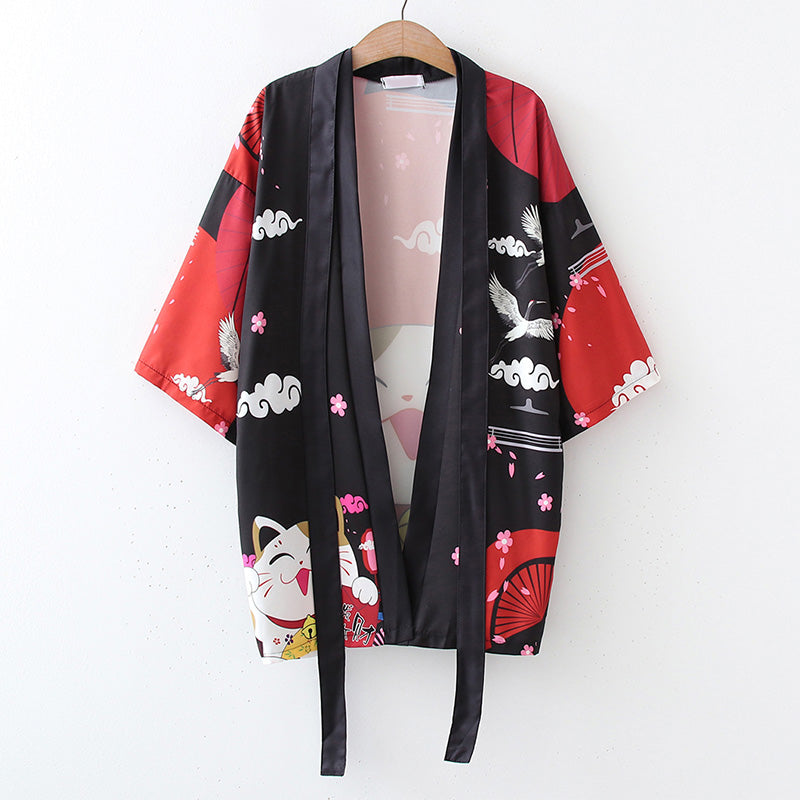 Red Anime Lucky Cat Cardigan Kimono Outerwear modakawa