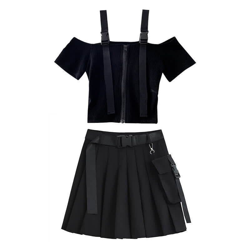 Black Cool Buckle Strap Zipper Crop Top Belted Pleated Skirt modakawa