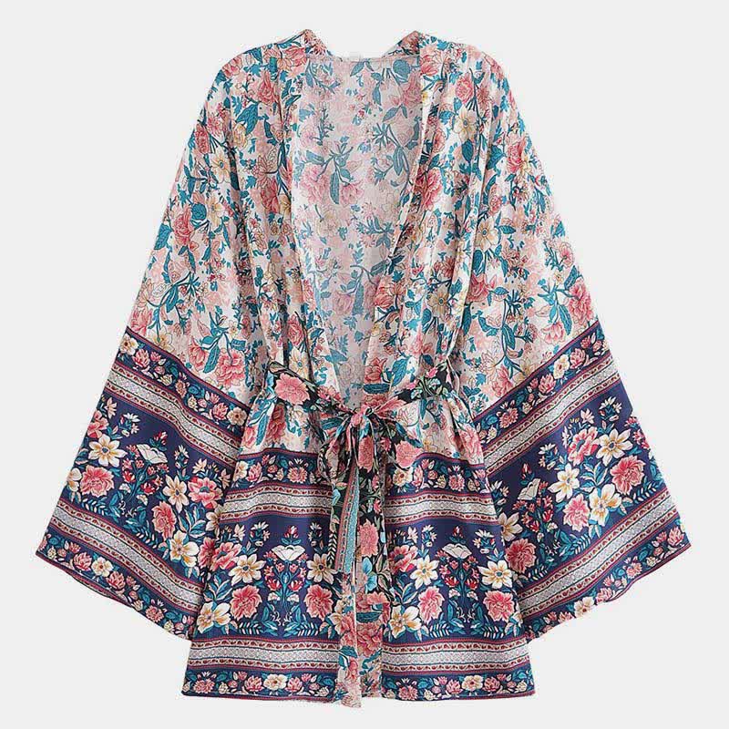 Boho Flower Print Belt Cardigan Outerwear modakawa