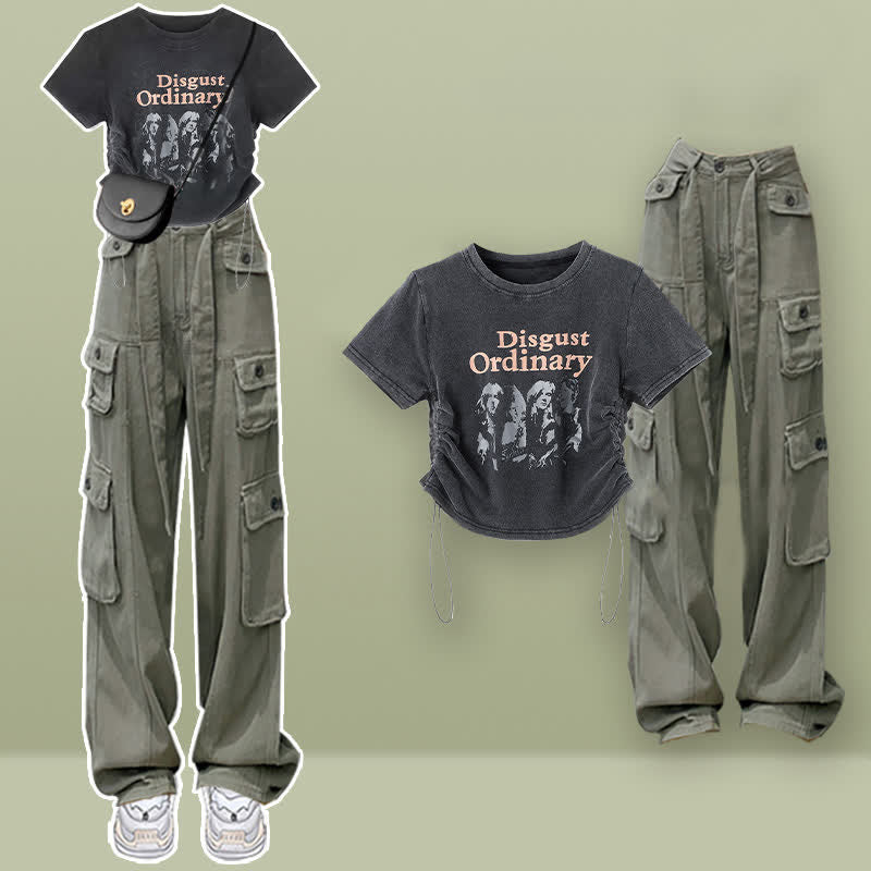 Casual Letter Print Drawstring Crop Top T-Shirt Pocketed Cargo Pants modakawa