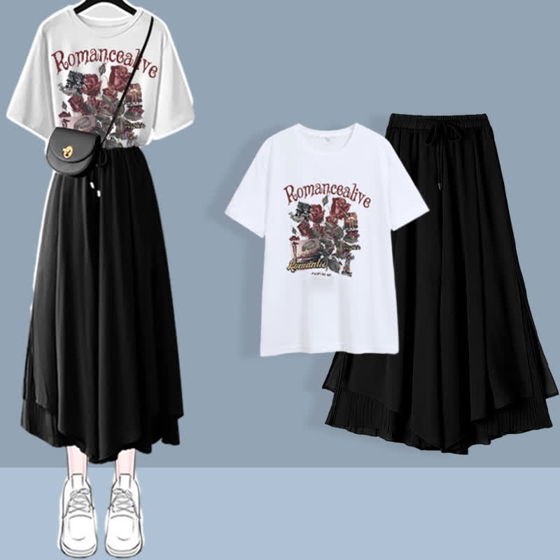 Sweet Printed T-Shirt Chiffon Split Wide Leg Pants Set modakawa