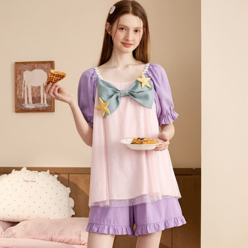 Square Collar Bowknot Mesh Mermaid Nightgown Pajamas Set modakawa