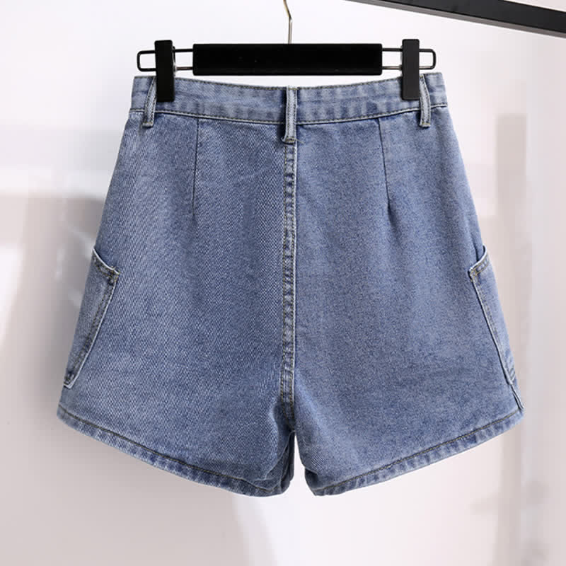 Chic Colorblock Round Collar T-Shirt Pocketed Denim Shorts modakawa