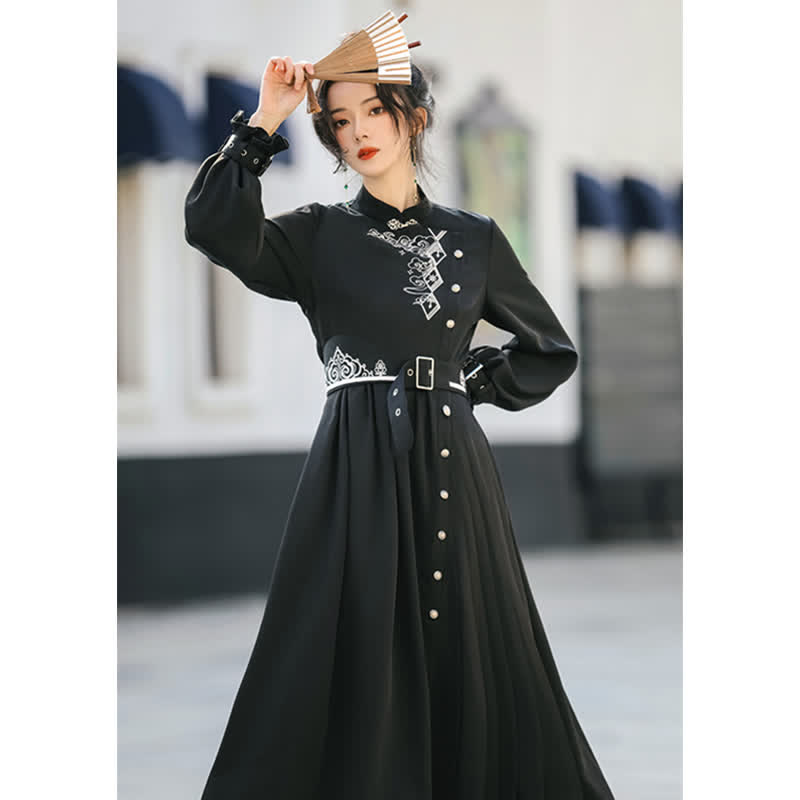 Elegant Black Vintage Embroidery Belted Pleated Dress modakawa