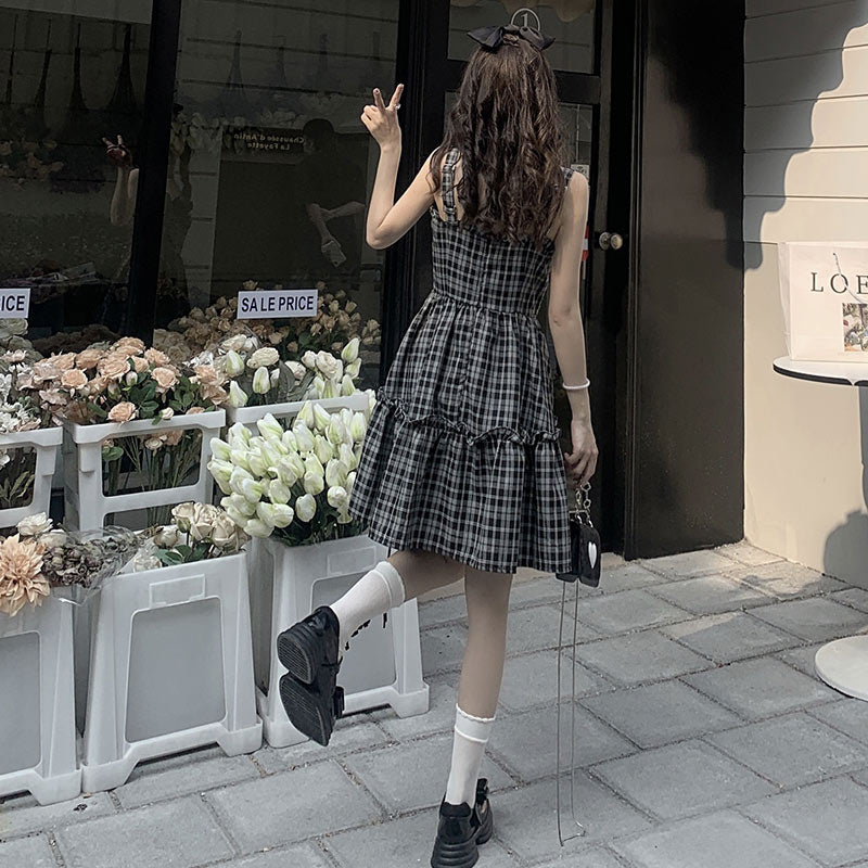 Sweet Lattice Print Bow Knot Slip Dress modakawa