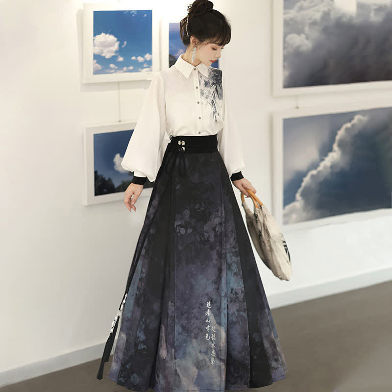 Elegant Bamboo Ink Painting Shirt Lace Up Pleated Skirt modakawa