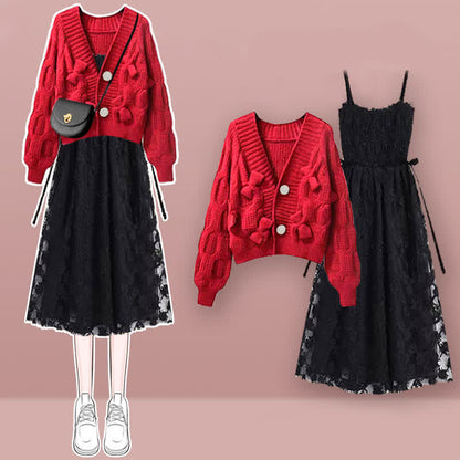 Red Bow Decor Cardigan Lace Slip Dress Set modakawa