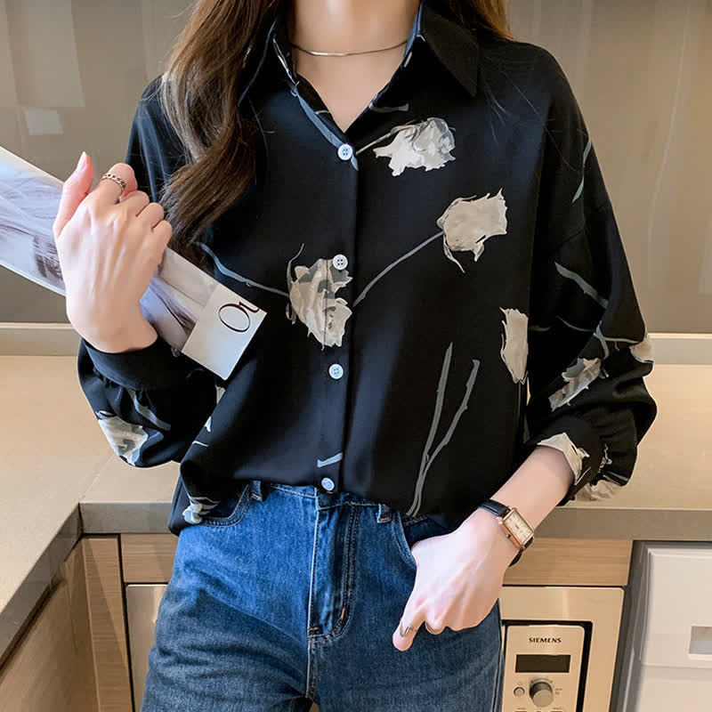 Rose Print Lapel Satin Shirt modakawa