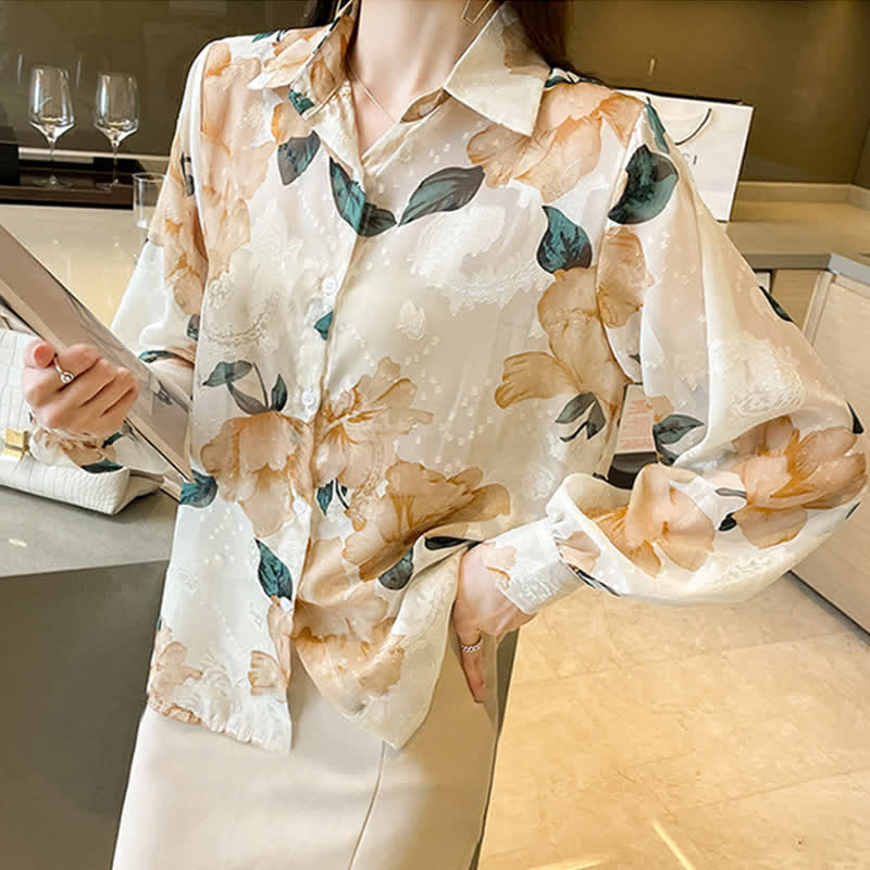 Sweet Floral Puff Sleeve Lapel Chiffon Shirt modakawa