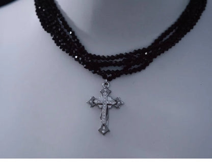 Silver Cross Pendant Black Multi Layers Necklace mySite