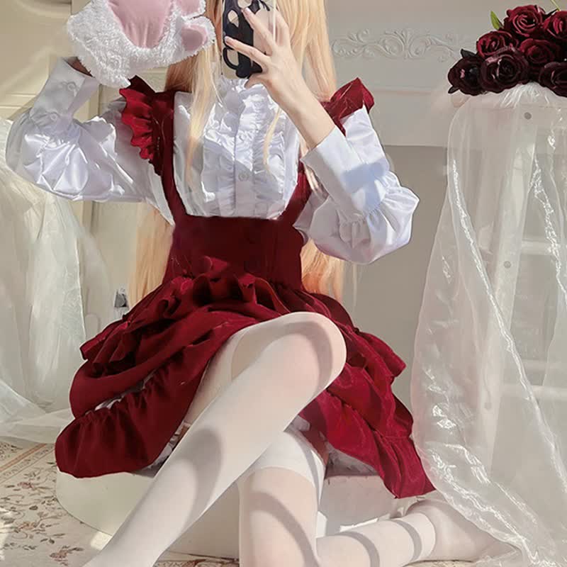 Lolita Red Button Ruffled Shirt Bubble Overalls Skirt Set Modakawa