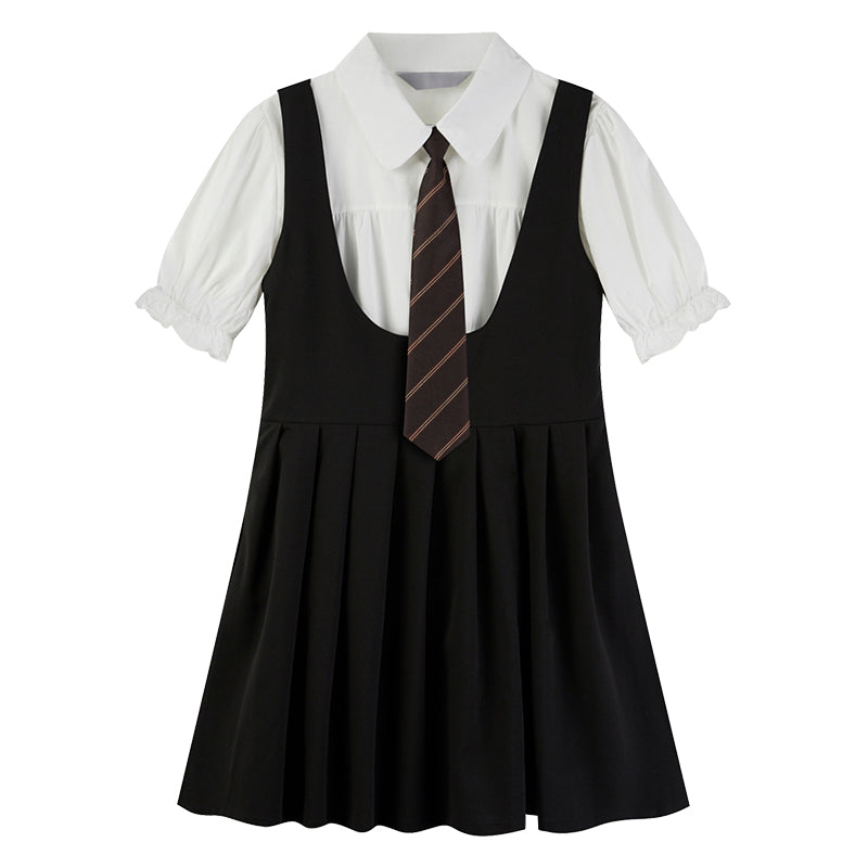 Kawaii Puff Sleeve T-Shirt Tie Pleated Suspender Skirt Set Modakawa