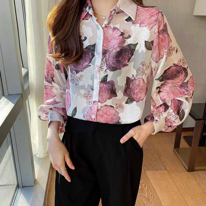 Pink Floral Embroidery Puff Sleeve Chiffon Shirt Workwear modakawa