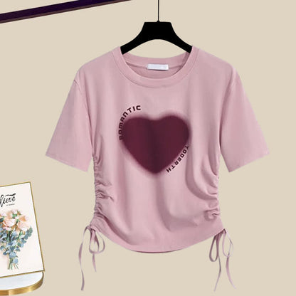 Pink Love Heart Print Crop Top T-Shirt Pink Cargo Pants modakawa