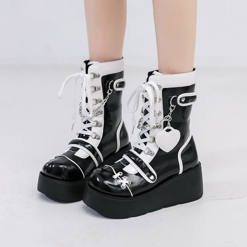 Y2K Heart Decor Lace Up Platform Lolita Martin Boots modakawa