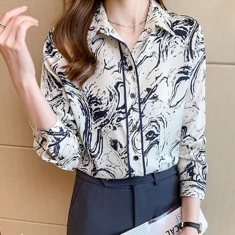 Ink Painting Print Long Sleeve Lapel Shirt modakawa