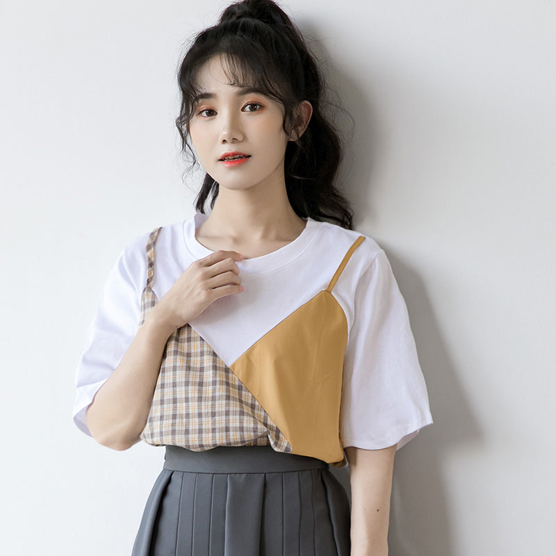 Sweet Plaid Color Block Fake Two Piece T-Shirt modakawa