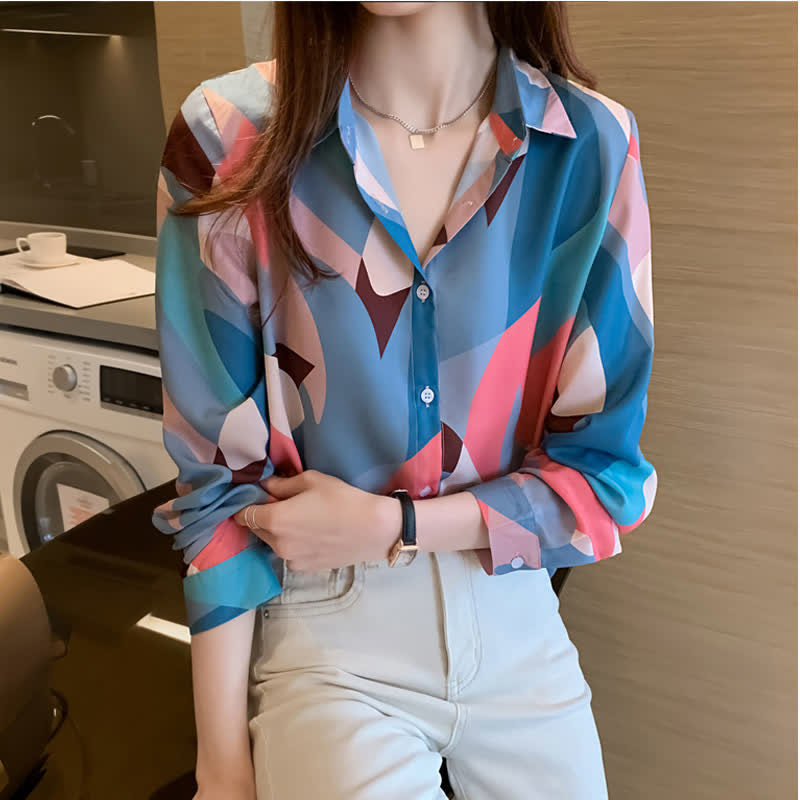 Chic Colorblock Long Sleeve Lapel Shirt modakawa